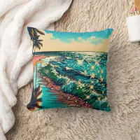 Beautiful Comic Pop Art Style Beach Scene Throw Pillow