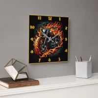 Fiery motorcycle roaring through vibrant flames square wall clock