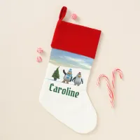 Cute Cartoon Penguin Pair with Tree Christmas Stocking