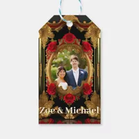 Golden frame with red roses, gothic photo wedding gift tags