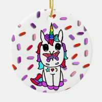 Unicorn with Butterfly on Nose Candy Sprinkles Ceramic Ornament