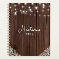 Rustic Wood String Lights Lace Personalized Planner