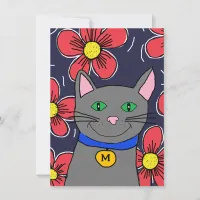 custom gray cat with flowers personalize initial  card