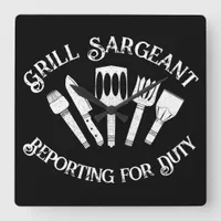 Funny Grill Sargeant’ – BBQ Gift for Men Black  Square Wall Clock