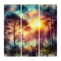 Watercolor Forest Misty Foggy Sunrise Nature | Triptych