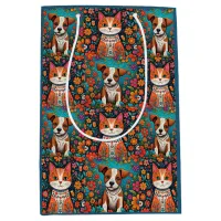 Cute Whimsical Folk Art Cat and Dog and Flowers Medium Gift Bag