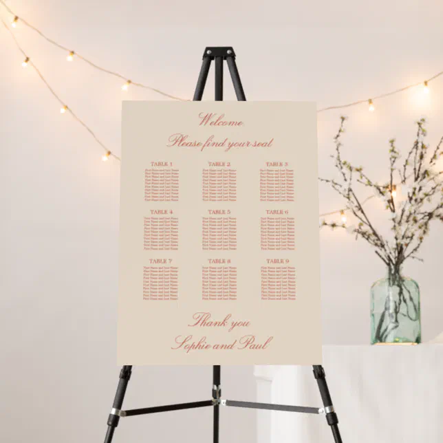 Terracotta Script 9 Table Wedding Seating Chart Foam Board