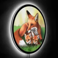 Red Fox Mother and Kits in the Grass LED Sign