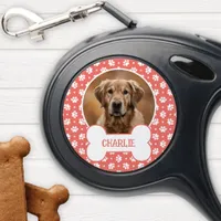 Coral Polka Dot Paw Print Dog Bone Pet Photo Retractable Pet Leash