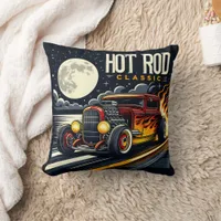 Classic hot rod cruising beneath a glowing moon throw pillow