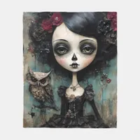 The Gothic Doll and Her Pet Owl Fleece Blanket