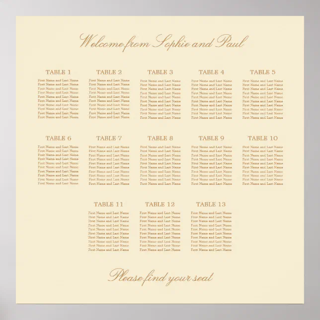 Cream Beige 13 Table Wedding Seating Chart Poster