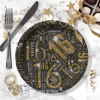 Sweet Sixteen Sparkle Word Cloud Gold Blk ID265 Paper Plates