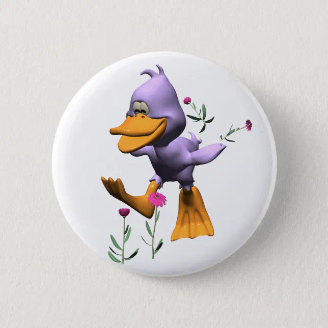 Cute Happy Cartoon Duck Running Through Flowers Pinback Button