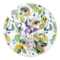 Handpainted Elegant Feminine Eyes Colorful Leaves  Ceramic Knob