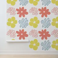 Coral, Yellow and Blue Vintage Flowers Wallpaper