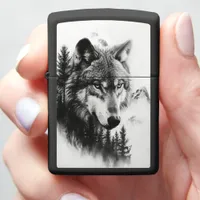 Majestic wolf gazes over a misty forest landscape zippo lighter