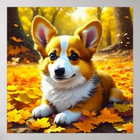 Corgi Puppy Dog Playing in Fall Leaves Poster