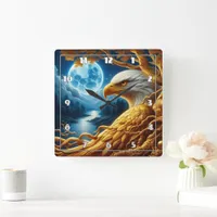 Eagle Resting on a Branch Under Moonlight Square Wall Clock