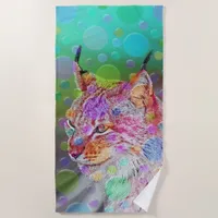 Smiling, colorful lynx - abstract beach towel