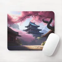 Anime Cherry Blossom & Pagoda View Landscape Mouse Pad