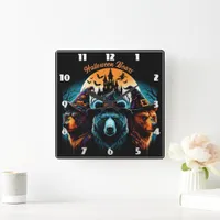 Halloween bears wearing spooky hats at night square wall clock