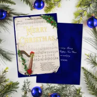 Elegant Vintage Christmas Music Harp Blue Gold Foil Holiday Card