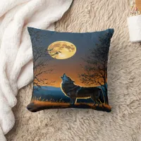 Wolf Howling Under a Full Moon at Dusk Throw Pillow