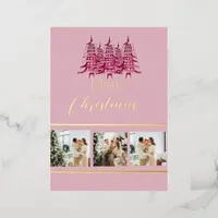 Festive Dusty pink red Christmas Pagoda Tree  Foil Holiday Card