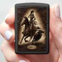 Emily Cowgirl Riding Horse Past Bull Zippo Lighter