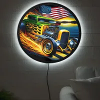 Vintage hotrod racing by a lake at sunset LED sign