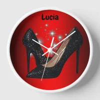 Black Glitter High Heel Shoe on Red | Clock