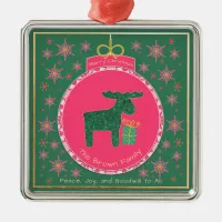 Pink Gold Green Sparkly Reindeer Christmas Metal Ornament