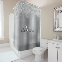 Monogram Silver Dripping Glitter Metallic Platinum Shower Curtain