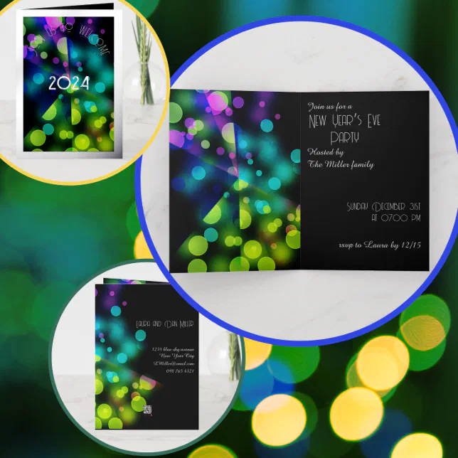 2024 new year partysilver and multicolored bubbles foil greeting card