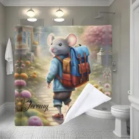 Cute mouse boy on his way to school, wash cloth