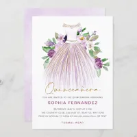 Purple gold glitter Floral Dress Quincea&#241;era Invitation