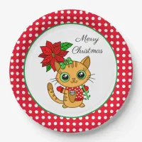 Merry Christmas | Orange Cat with Poinsettia    Paper Plates