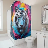 Electric Blue Neon Snow Tiger Portrait  Shower Curtain