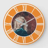 White Roman Numeral Border Orange Add Photo Round Large Clock