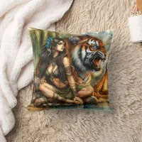 Native American Woman With Tiger by River Throw Pillow