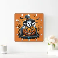 Halloween ghost with pumpkin under a spooky sky square wall clock