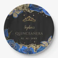 Vintage Blue Roses Black Gold Lace Quincea&#241;era Paper Plates