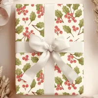 Vintage Christmas Watercolor Holly Leaves Pattern Wrapping Paper