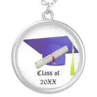 Graduation Class of 20XX Blue Cap & Diploma Silver Plated Necklace