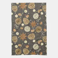 Rustic Watercolor Woodland Pine Cones Fall Kitchen Towel