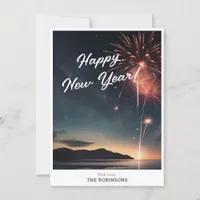 Script Caligraphy Happy New Year Fireworks Theme Holiday Card