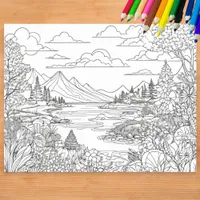 Coloring Landscape Lake Mountains Scenery Color In Poster