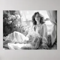 Woman lying on white silk sheets B&W photo (2)