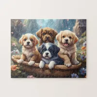 Cute puppies in a basket jigsaw puzzle